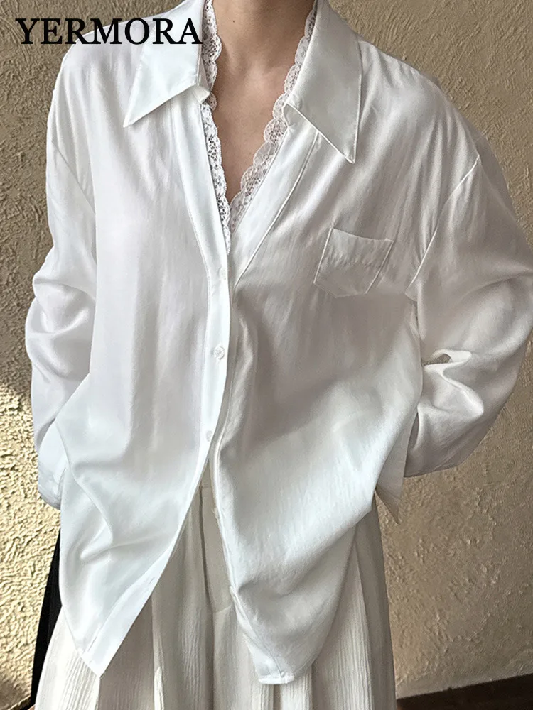 

YERMORA White Spliced Lace Brief Casual Blouse For Women Lapel Long Sleeve Loose New Shirt Fashion Tide Spring Autumn 2025