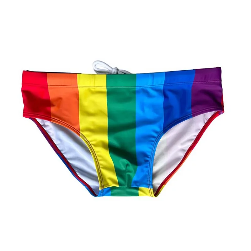 Men\'s Swimming Trunks Men Swimsuit Rainbow Coarse Stripes Swim Briefs Quick Drying Beach Shorts Board Surf Bathing Suit Swimwear