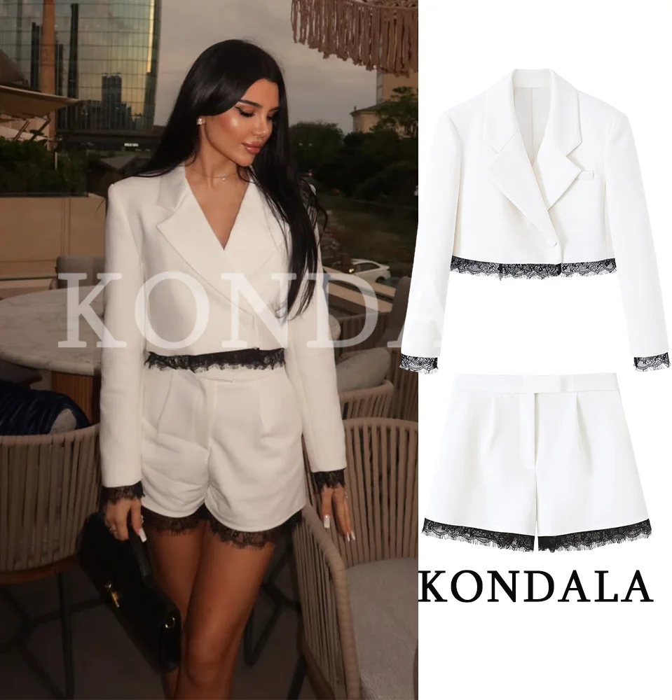 Ensemble Chic et Élégant pour Femme : Blazer Court à Bordure Dentelle et Mini-Shorts KONDALA 2026 – Tendance Été, Style Urbain et Décontracté