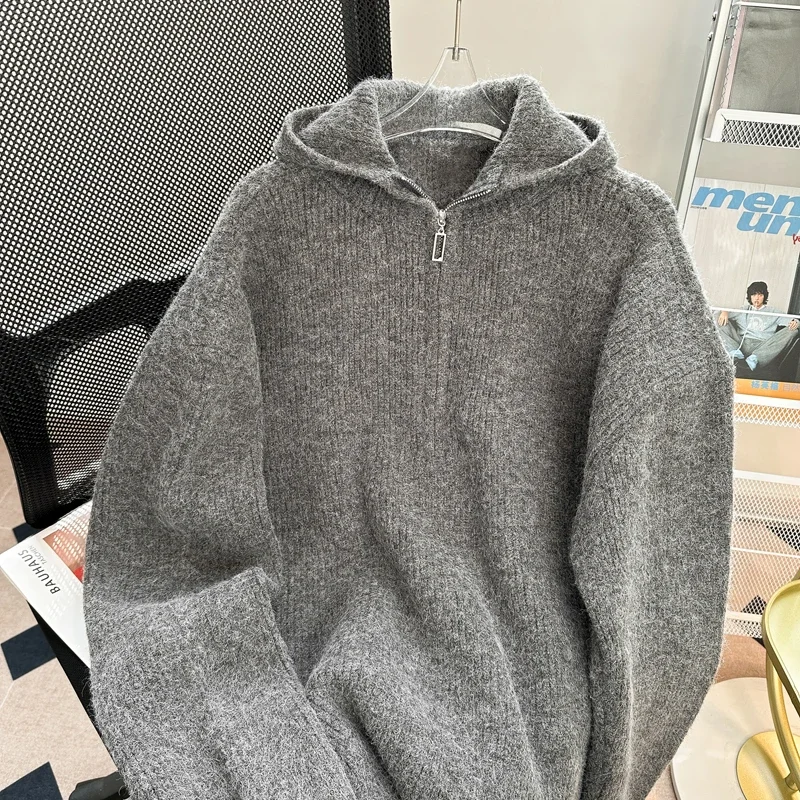 

Men's Autumn and Winter Casual Loose Couple Knit Outerwear High Sense Half Zipper Idle Sle Hood Pullover Sweater y2k ins emo