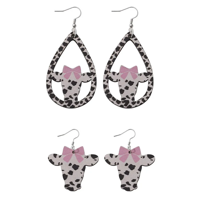 Western Bow Cow Head Drop Earrings for Women Milk Cow Print Wood Teardrop Cowgirl Earrings Fashion Accessories Wholesale