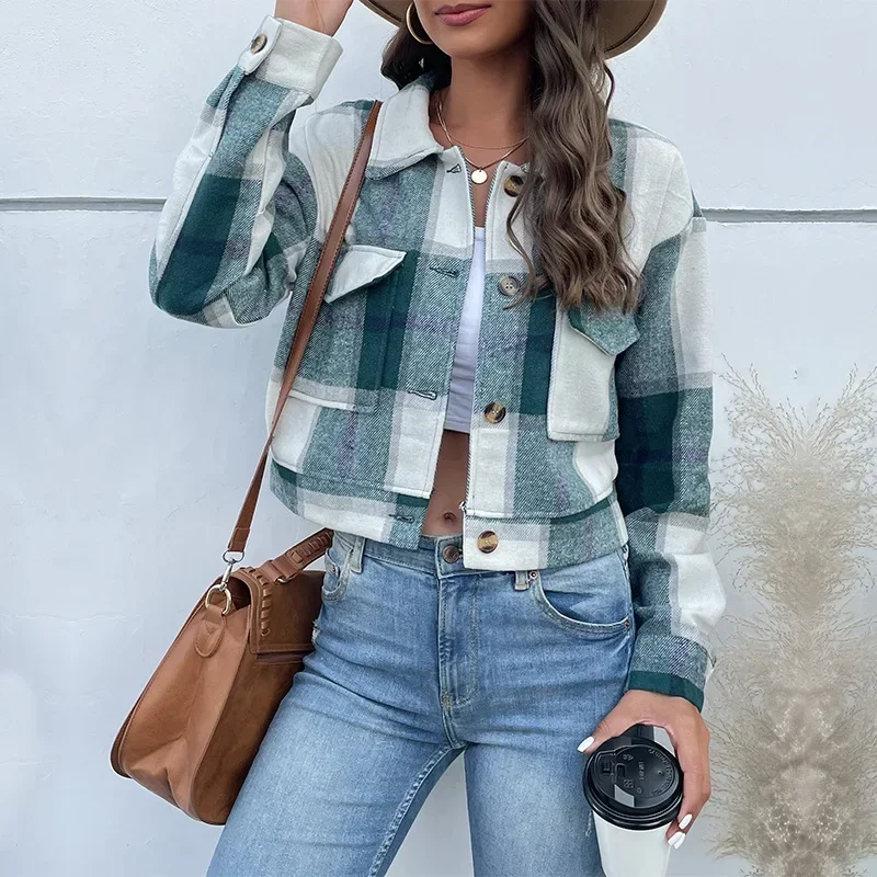 

Women Autumn Winter Short Coat Jacket Long Sleeve Plaid Pockets Fashion Single Breasted Button Outwear Jackets