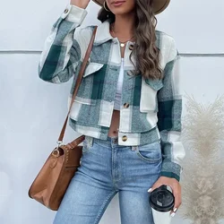 Women Autumn Winter Short Coat Jacket Long Sleeve Plaid Pockets Fashion Single Breasted Button Outwear Jackets
