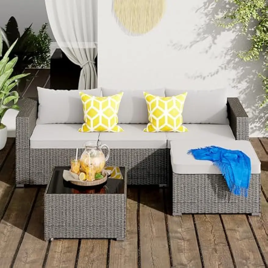 Patio Conversation Set All Weather Patio Sofa Manual Weaving Wicker Rattan Sectional Sofa with Washable Cushions & Glass Table