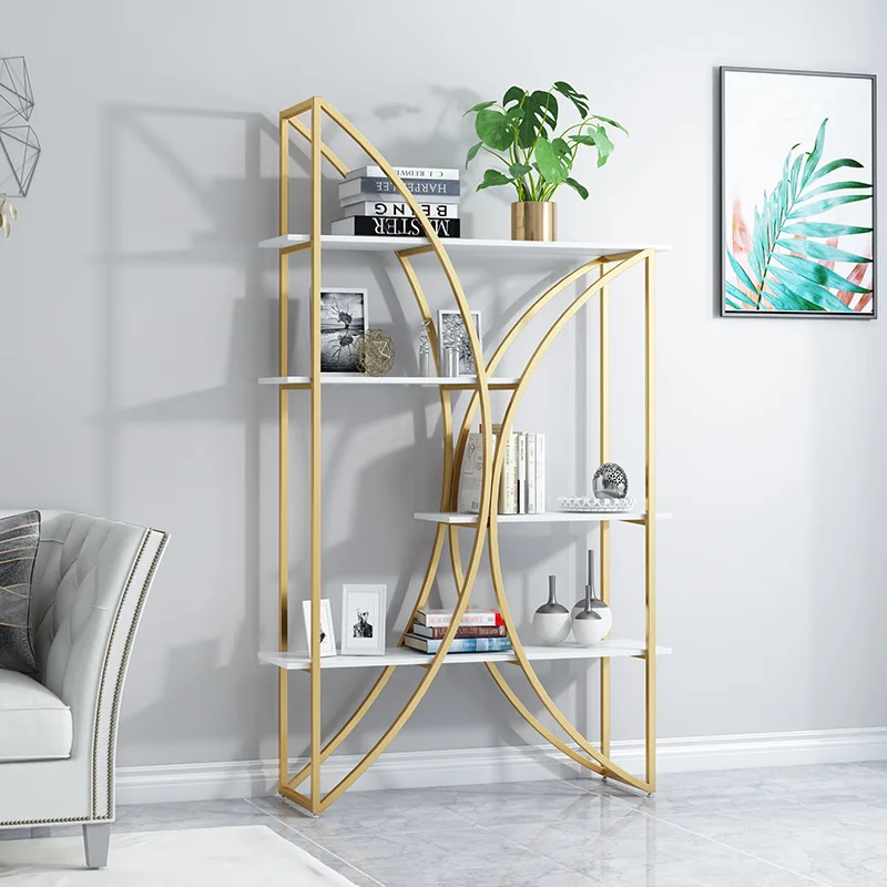 

Wrought iron arc shelf, creative solid wood office display stand Nordic gold Internet celebrity partition bookshelf Wrought iron