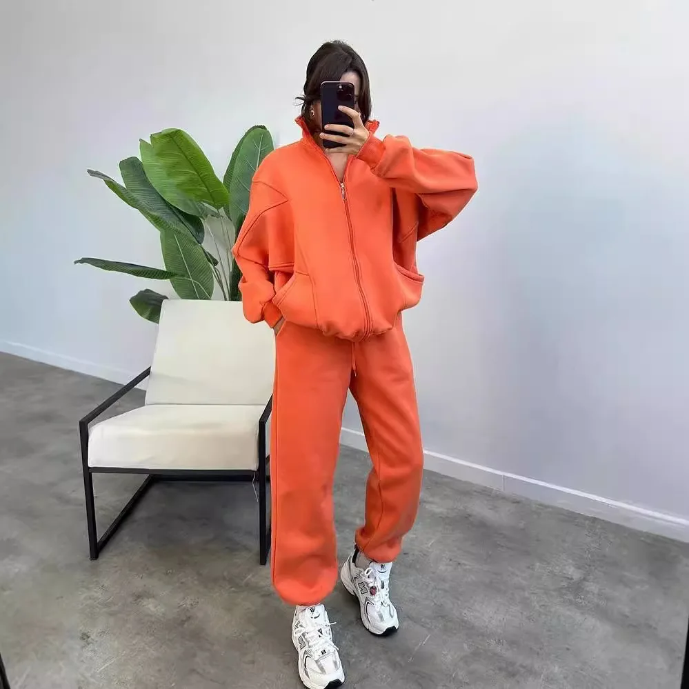 بدلة صوف نسائية فضفاضة بأكمام طويلة وبنطلون عالي الخصر مكون من قطعتين بدلة رياضية نسائية موضة شتاء 2024