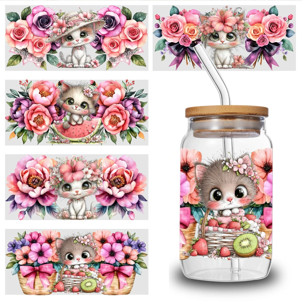 5 Sheets Cute Cat Floral Pattern UV DTF Stickers Mug Decoration Gift Plastic Self-Adhesive Labels for 16 oz Tumbler