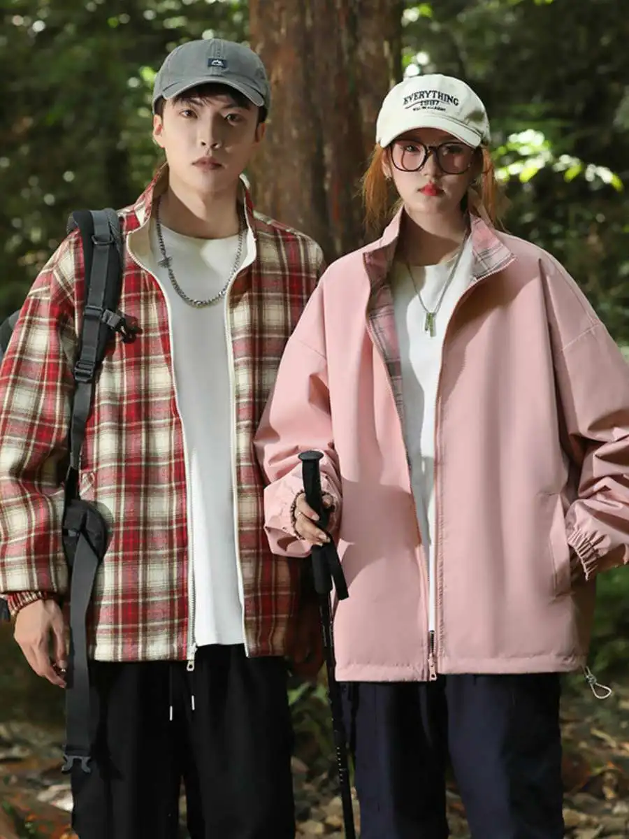 

American Sle Double-Sided Wear Plaid Stand Collar Jaet Men's New Spring Autumn Loose Versatile Couple's Outerwear