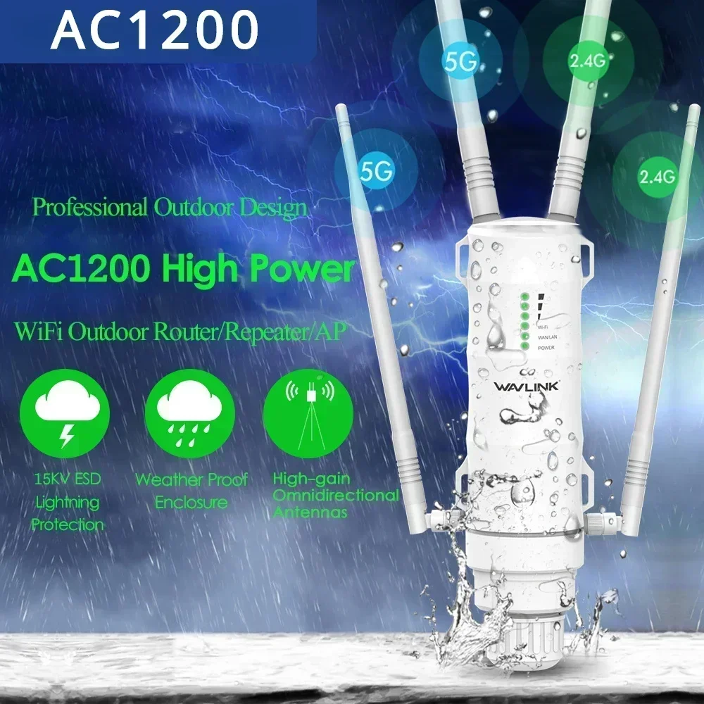 2025 Wavlink عالية الطاقة AC1200 في الهواء الطلق مقاوم للماء اللاسلكية واي فاي مكرر AP/واي فاي راوتر المزدوج Dand 5G هوائي موسع طويل المدى
