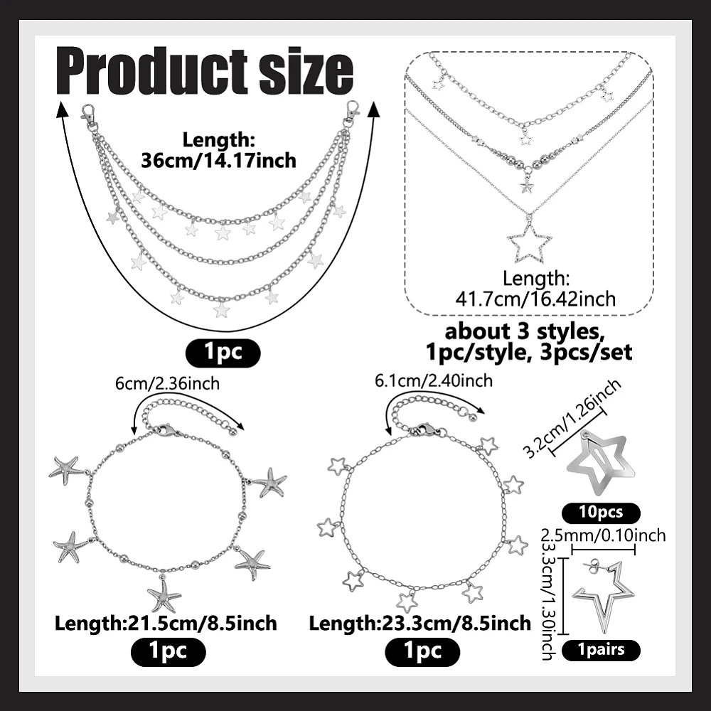 16Pcs Star Pendant Layered Necklaces Jewelry Accessories Set Included Silver Grunge Necklace Hip Hop Pants Chain Star Hair Clip