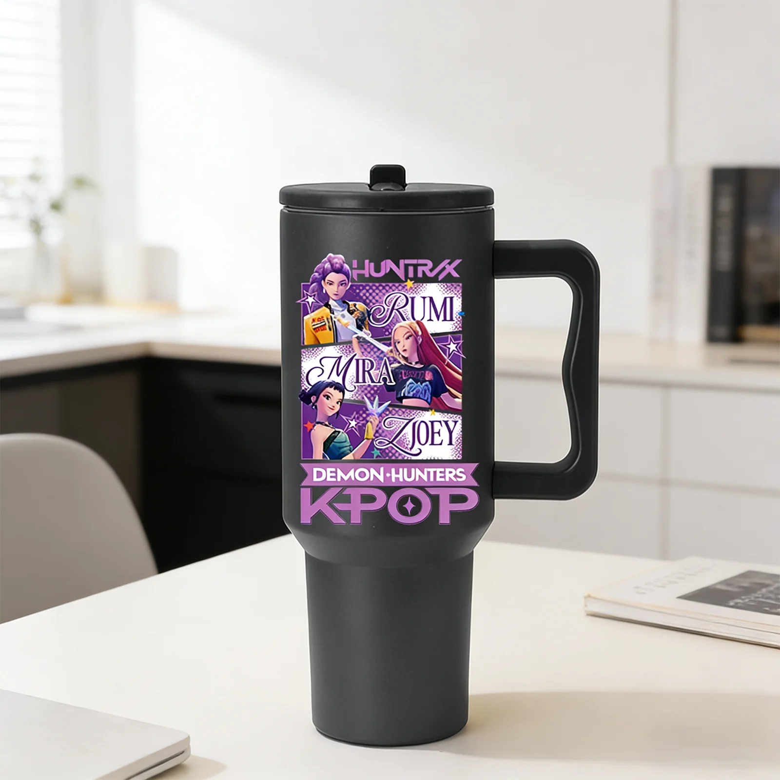 

HUNTRX Demon Hunters Kpop Anime RUMI MIRA ZJOEY Print Large Capacity Insulated Tumbler w/Handle Stainless Steel for Office Gift
