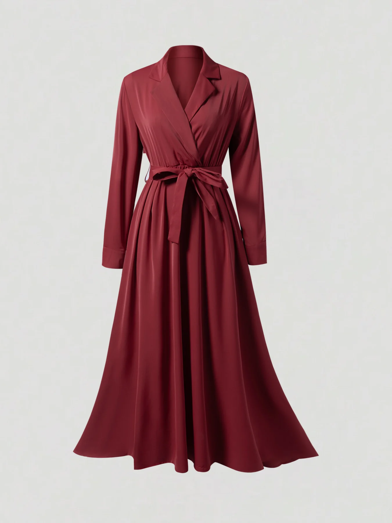 Dames lente herfst bordeaux blazer kraag lange mouw zelfbindende taille satijnen elegante maxi-jurk