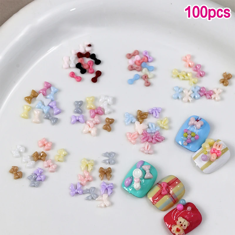 

100pcs Cute Bow Nail Charm Multi Colors Bows Nail Art Accessories Flatback Resin Rhinestones Nails Decor Parts