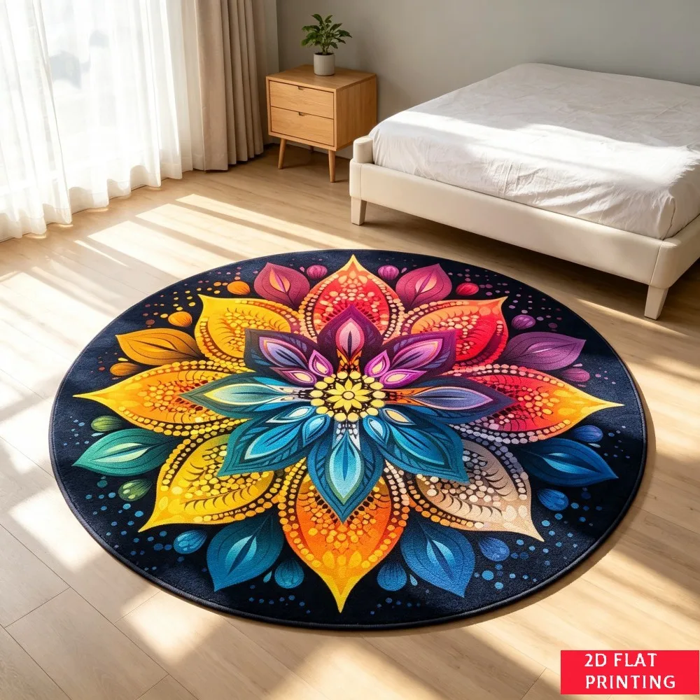 Vibrant Lotus Flower Mandala Spiritual Round Carpet With Multicolor Petals For Yoga Studio Or Bedroom Meditation Space Decor