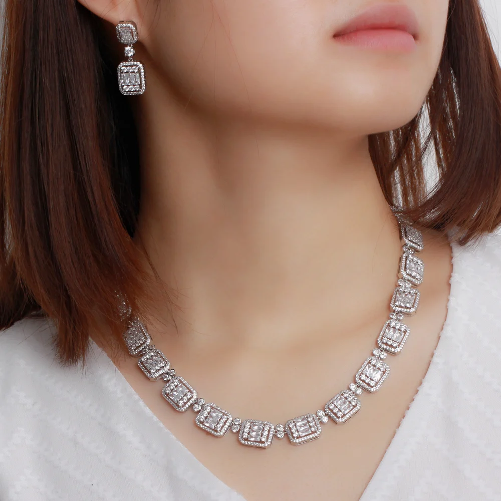ThreeGraces 3pcs Shining White Baguette Cubic Zirconia Earrings Bracelet Necklace Bridal Wedding Party Jewelry for Women TZ810