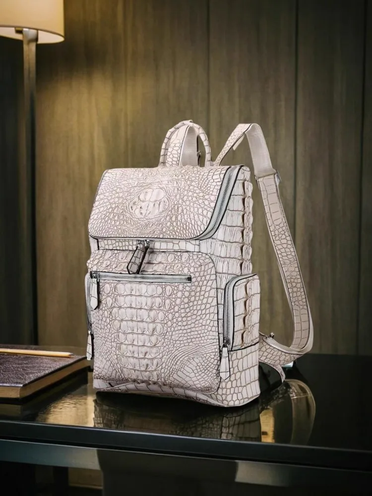 Harajuku Mens Genuine Leather Backpack Large Capacity Travel Bag High Quality Crocodile Skin Fashion Casual School Backpacks