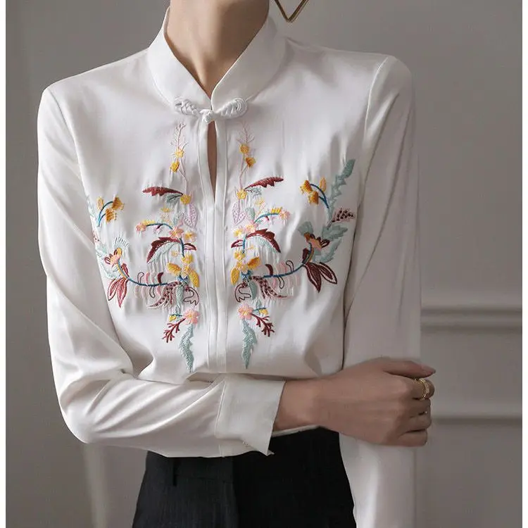 French Simulation Silk Shirt with a Female Design Sense Heavy Industry Embroidery Commuting Retro Chinese Style Button Tops