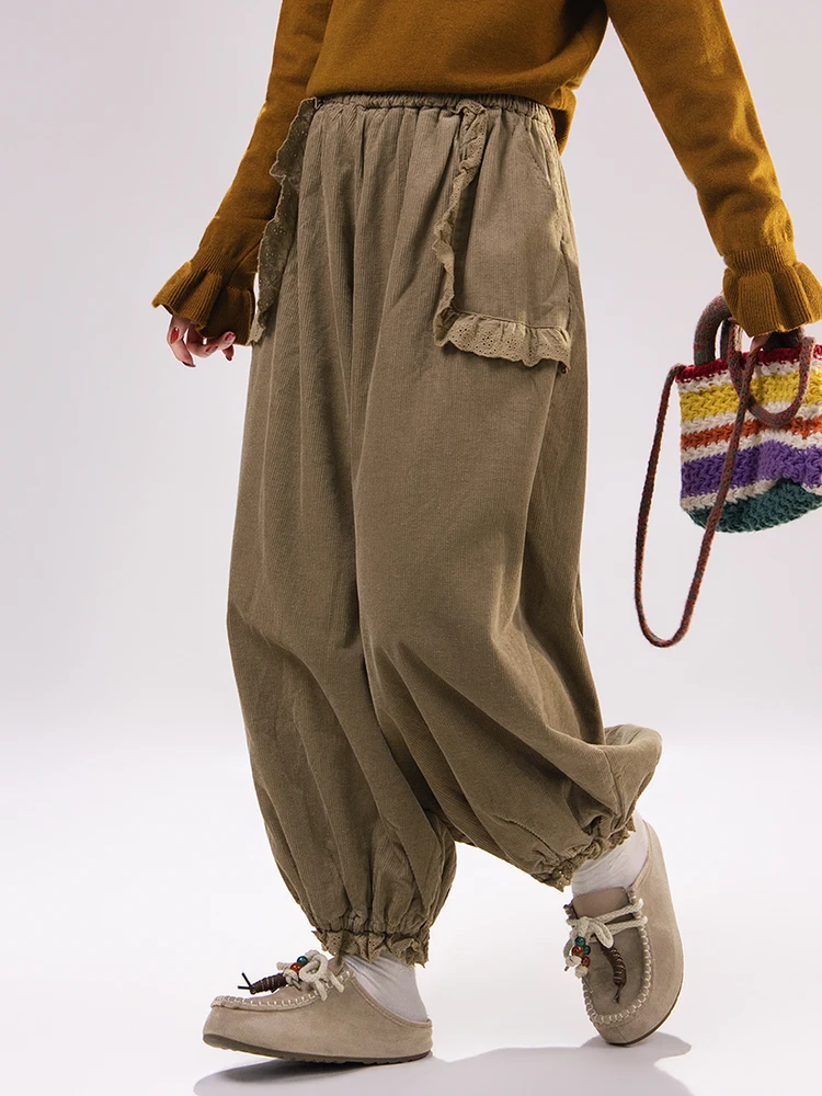 

Artisanal Loose Fit Corduroy Pants Women's High Waist Trousers Vintage Sle Nine Points Light Weightened Cuff Lantern Pants