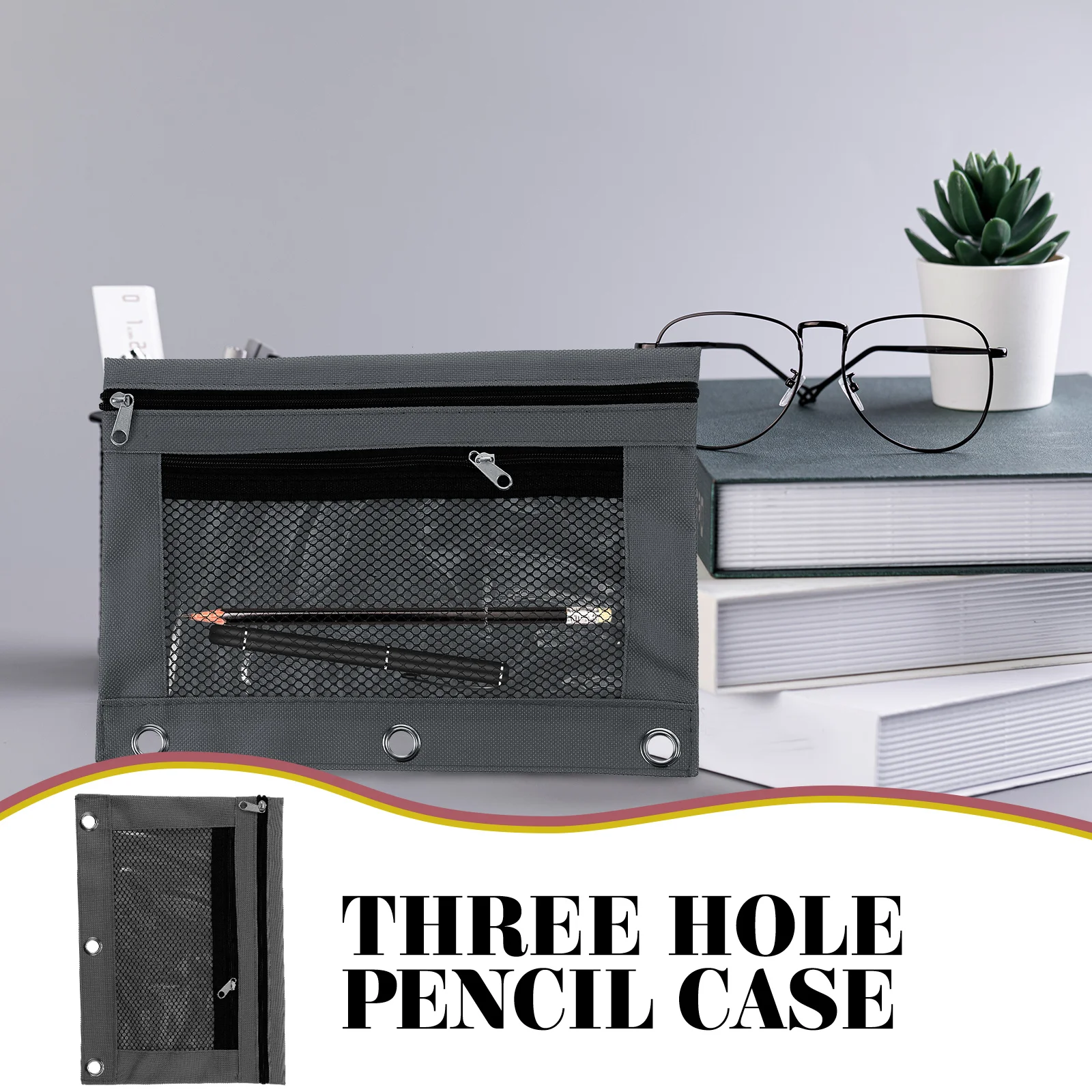 Estuche para lápices de tres agujeros, tela Oxford B5, bolsa de papelería, carpeta transparente, carpetas de oficina (negras)