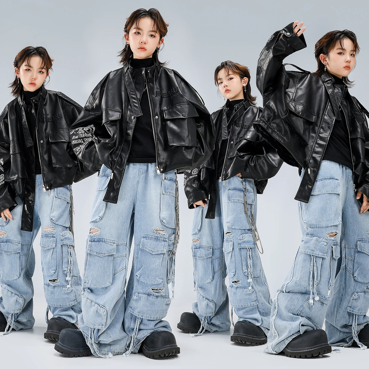 

Boys Hio Hop Leather Jacket Street Dance Loose Denim Cargo Pants Girls K-pop Streetwear Kids Clothes Set Children Jazz Costume