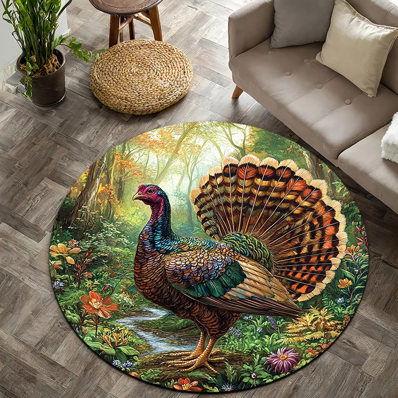 Forest Turkey Theme Flannel-printed round floor mats are slip-resistant Suitable for living room bedroom terrace garden carpets