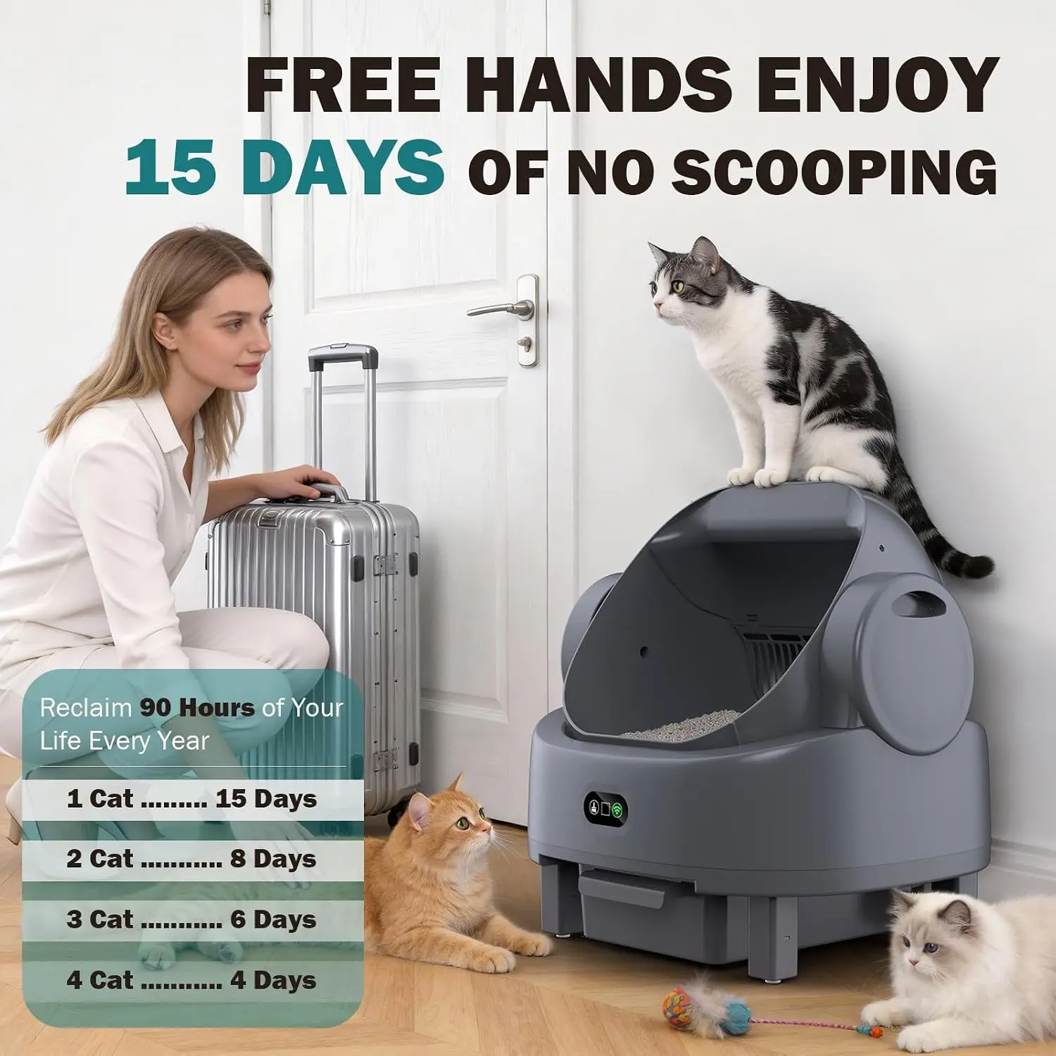 Large Capacity Self Cleaning Cat Litter Box,App Control Designed For Multiple Cats, Custom
