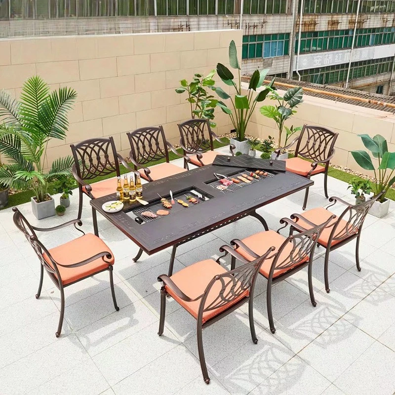 

Outdoor courtyard balcony B & B leisure barbecue dining table outdoor electric oven charcoal grill integrated cast aluminum tabl