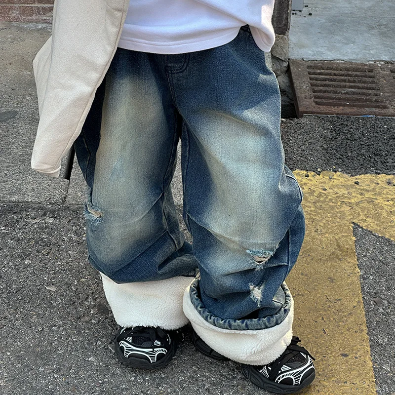 

Boy Jean Pant Clothing Children Plus Fleece Jeans 2024 Winter Boy Fur Border Korean Style Pants Personality High Street Style