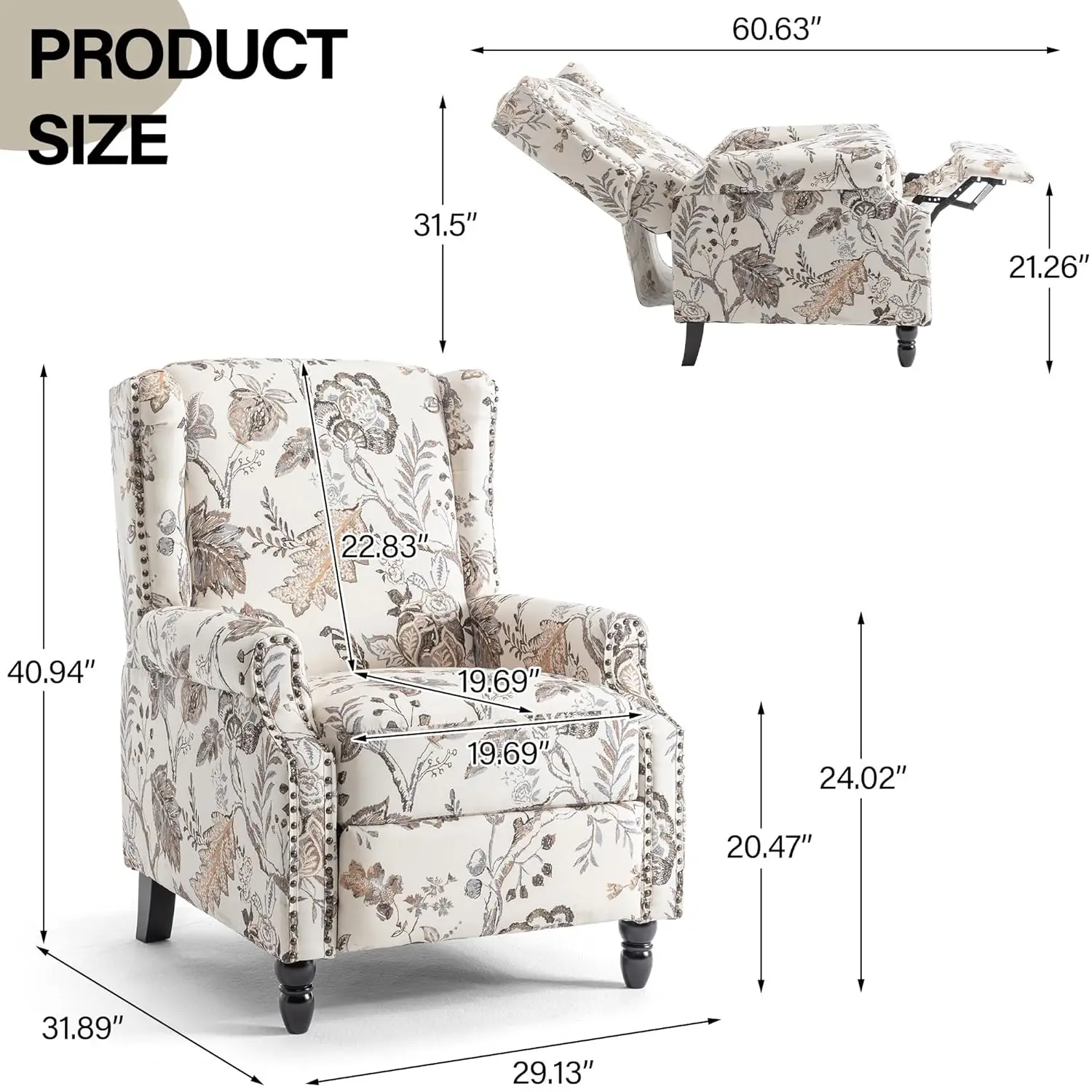 #Floral Upholstered Wingback Recliner Chair Adjustable Backrest Footrest Small Living Room Bedroom Set 2,Customized