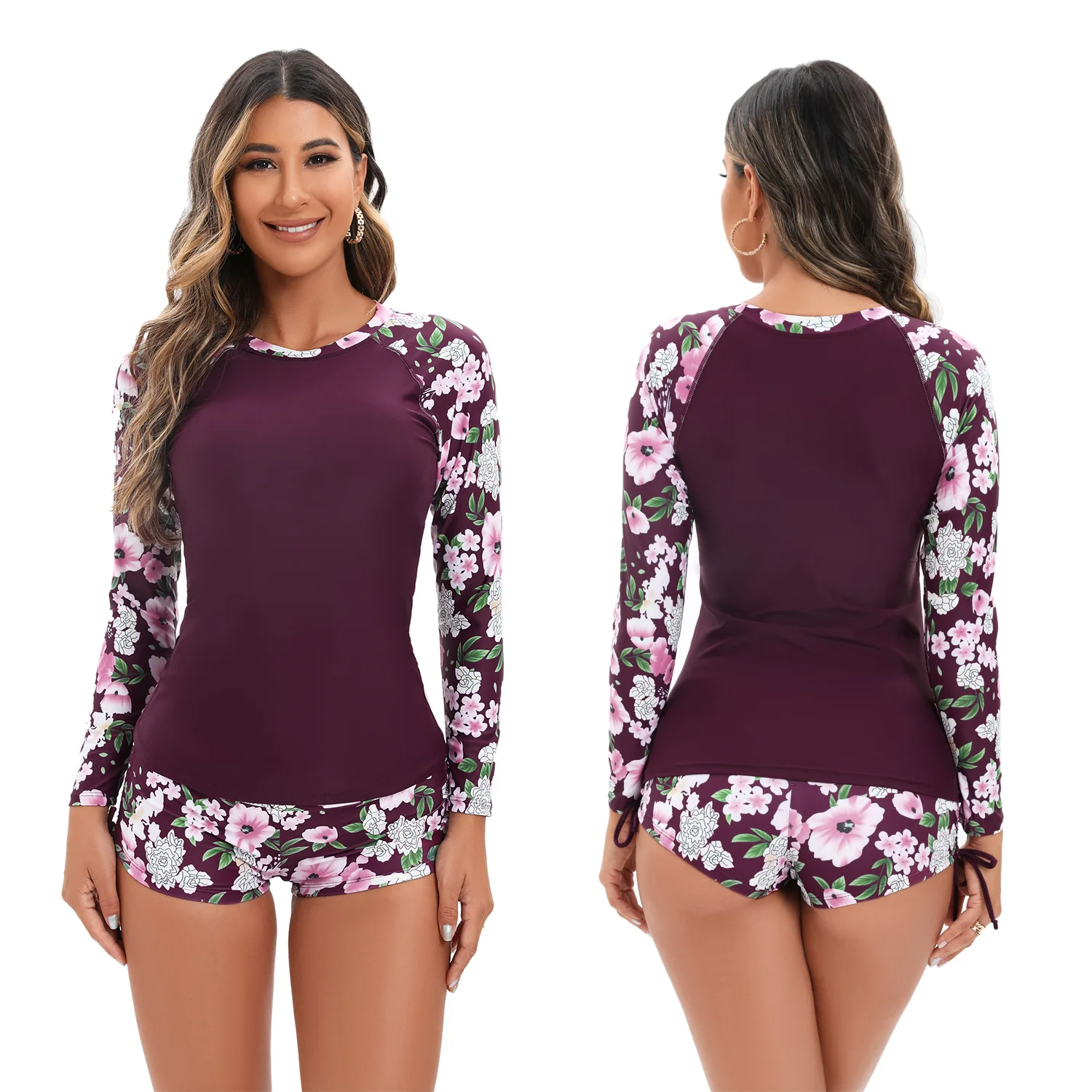 Women Two Piece Rash Guard Long Sleeve Swimsuits Sun Protection Sport Wetsuit Swim Shirt Bathing Suit with Boyshort Bottom