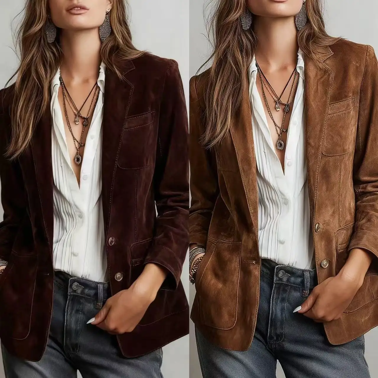 Autumn Women's Jacket Temperament Elegant Brown Suede Pocket Button Jacket
