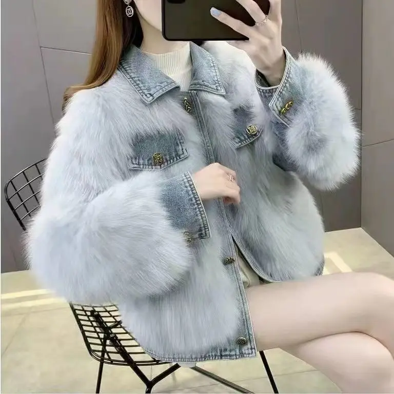 Chic Women Faux Mink Fur Denim Spliced Coat Faux Fox Fur Thickened Jean Jacket Flocking Cardigan Furry Bomber Fluffy Parka Tops