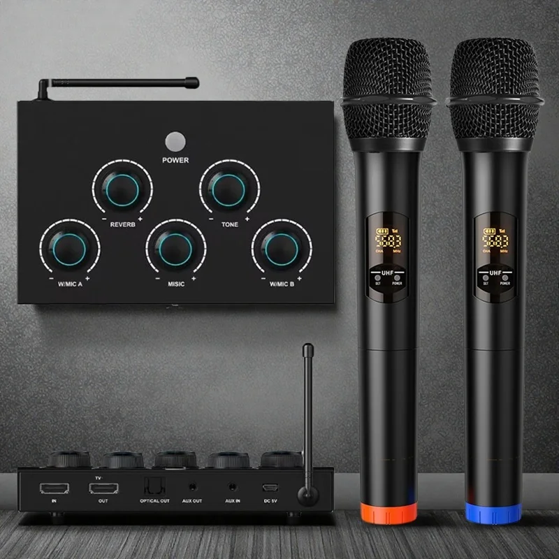 

Hot Sales UHF Dual Channel DSP Sound Effector Wireless Microphone Karaoke Mixer Sound System Supports Smart TV Home Theatre