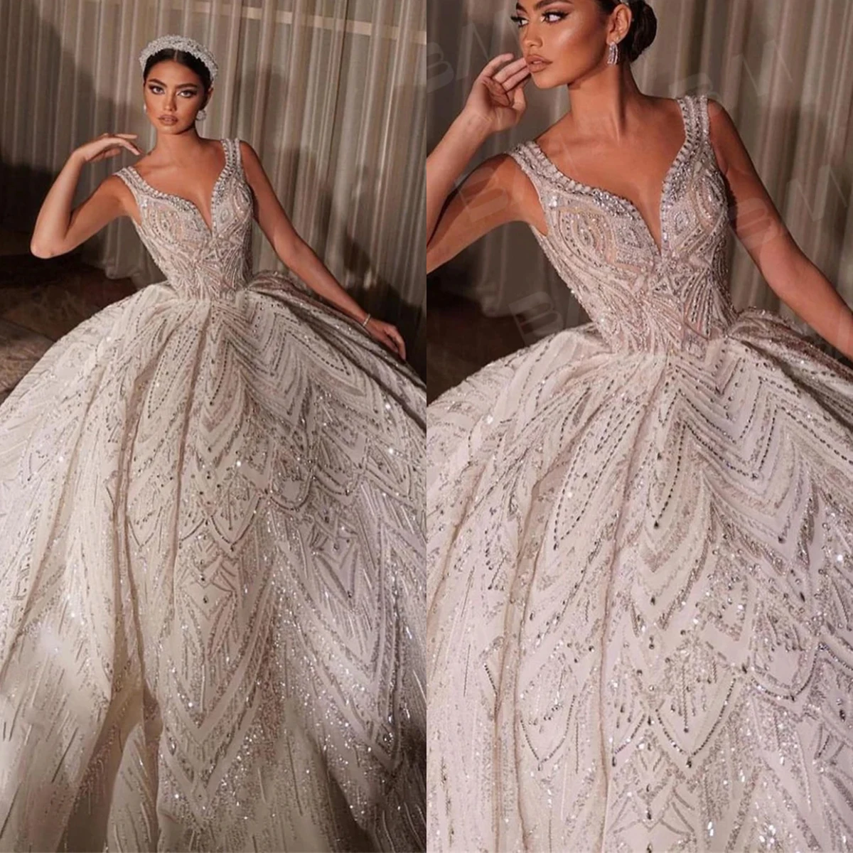 

Charming Ball Gown Wedding Dresses Spaghetti Sequins Beads Appliques Bridal Pleat Sweep Train Backless Customized Robe De Mariée