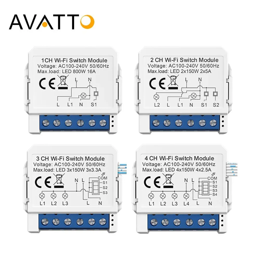 AVATTO Tuya WiFi 1/2/3/4 Gang Mini Smart Switch DIY Light Switches Module 2-Way Control Works With Smart Alexa Alice Google Home