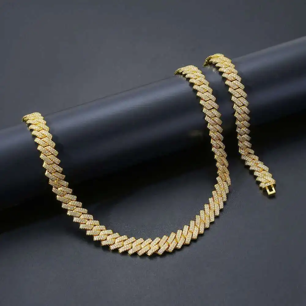 

Wholesale 18k Gold Plated Iced Out Prong Cz Miami Cuban Link Chain 14mm Hip Hop Necklace Men Jewelry Custom Bracelet