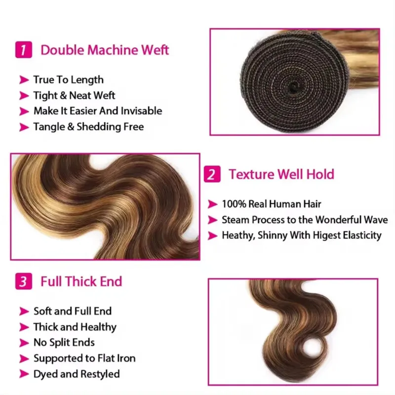 Body Wave Highlight Bundles de cheveux humains, extensions de cheveux vierges brésiliens, tissage de cheveux humains, 3 faisceaux, extension de cheveux, 16-30 amaran, # P4/27