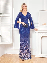 Lucyinlove-Robe de Soirée à Paillettes Bleues pour Femme, Grande Taille, Élégante, Luxe, Manches sulf, ix, Sirène, Maxi, Bal, Cocktail