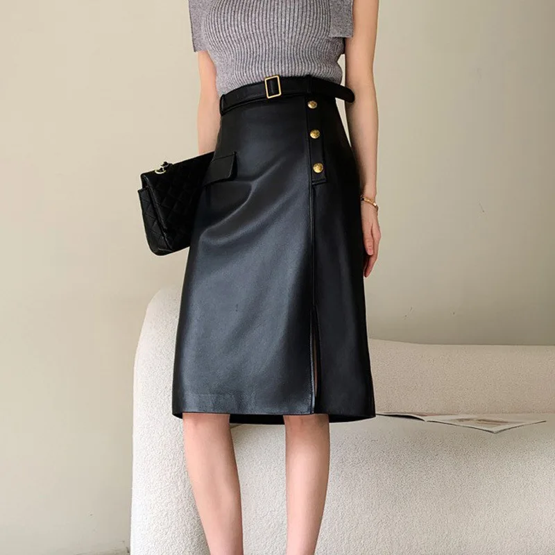 

Real Leather Skirt Women's High Waisted Sheep Leather Skirt OL Fashion Show Slim Genuine MIDI Skirt