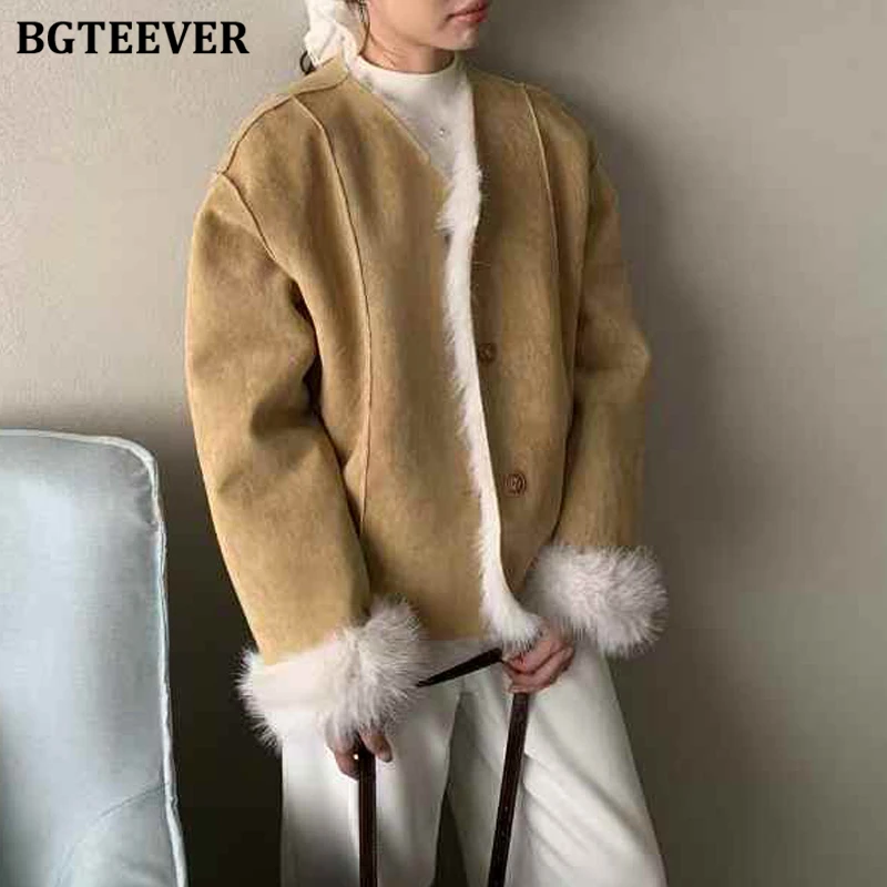 BGTEEVER Elegant Thicken Velvet Ladies Solid Warm Jackets Winter Fashion V-neck Long Sleeve Loose Female Single-breasted Coats