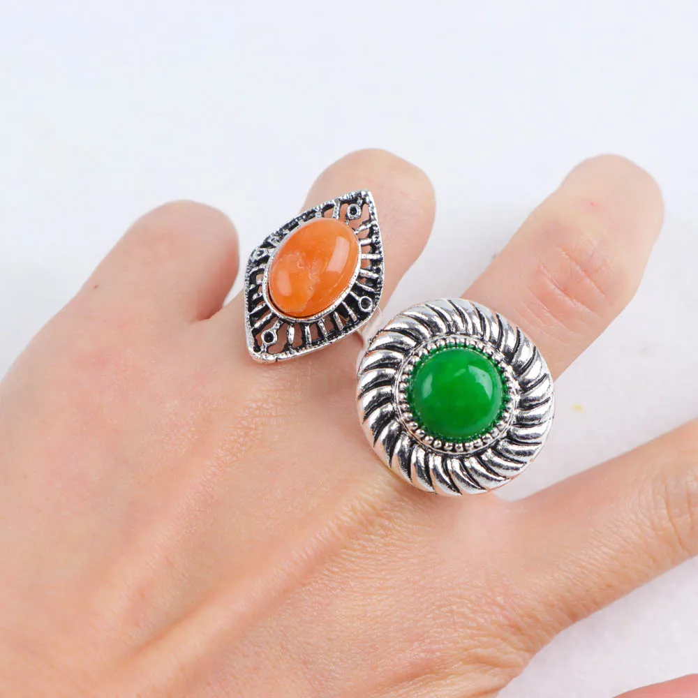 10/20Pcs/Lot New Fashion Bulk Vintage Flower Geometry Patten Colorful Stone Open Rings Jewelry For Women Mix Style Party Gifts