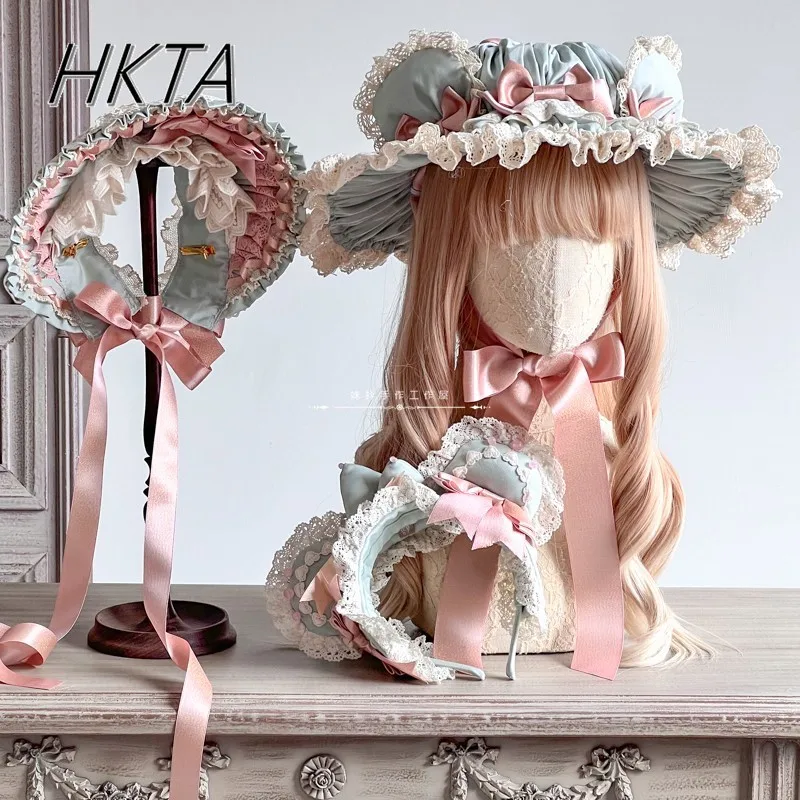 

Lolita Handmade Pink Green Hair Clips Hair Accessories Women Summer Sweet Kawaii Lace Splicing Bow Folds Hat New Headwear Cap