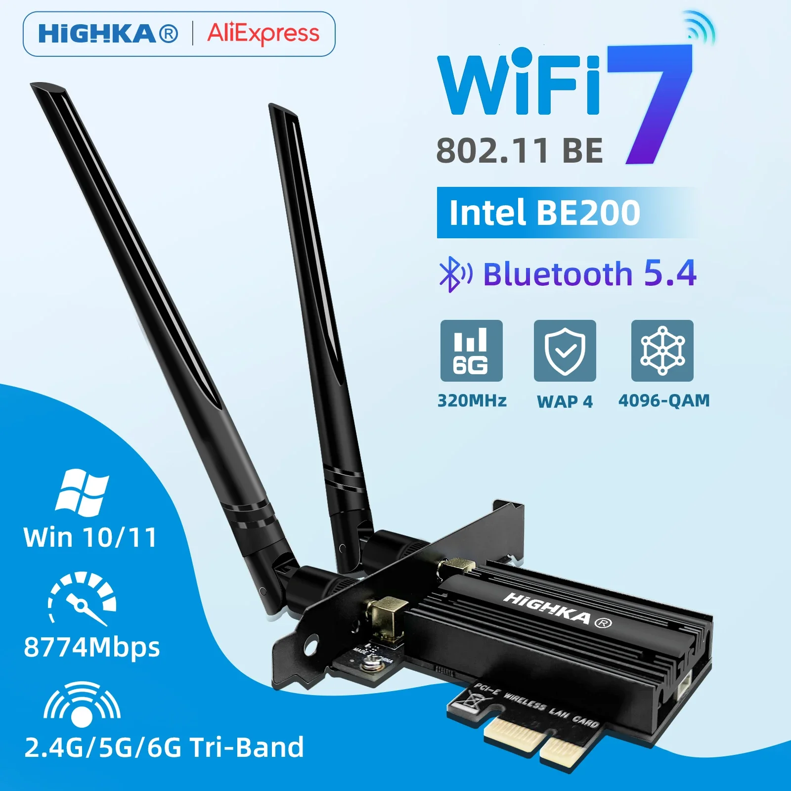 

Wi-Fi 7 PCIe Wi-Fi-карта BE200 с Bluetooth 5.3 Wi-Fi-адаптером Трехдиапазонный 2,4G/5G/6 ГГц 5374 Мбит/с Настольный компьютер 10/11