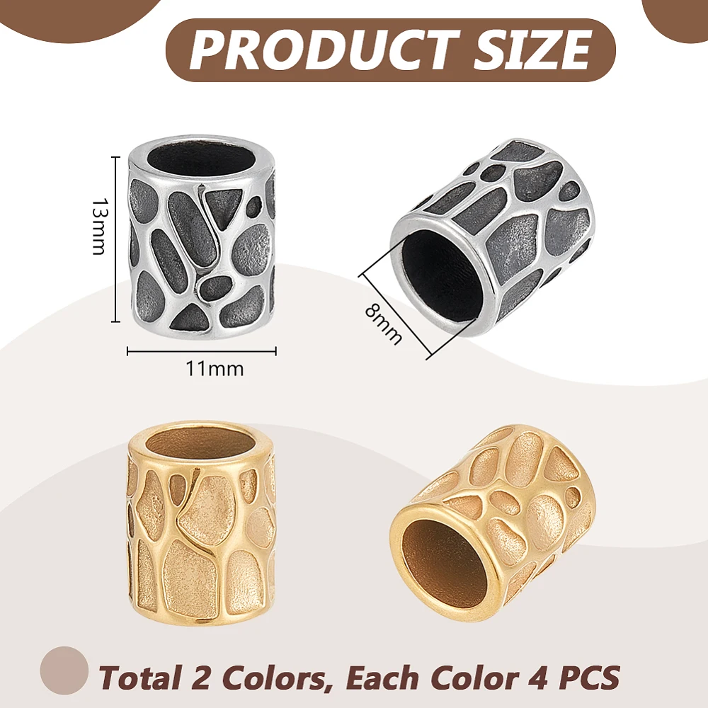 8Pcs 2 Colors Paracord Bead Column Lanyard Beads European Texture Bead Parachute Beads Stainless Steel Connector Charm for Hair