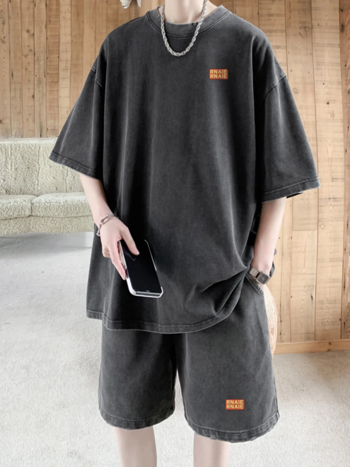 

American Sle Sportswear Set for Men Summer Waed Vintage ort Sve Five Pants High Sensation Men's Casual Sportswear