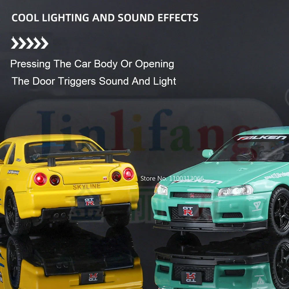 SKYLINE-GTR Alloy Toys Carros para Crianças, Modelo Diecast, Pull Back, Carro Esportivo com Música Leve, Veículo, Presentes de Aniversário, Escala 1:32