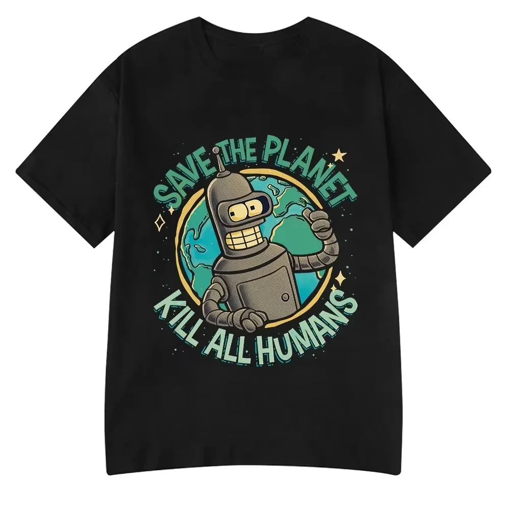 Funny Robot Save The Planet Graphic Washed Cotton T‑shirt Unisex Fashion Oversized Short Sleeve Harajuku Streetwear Casual Tops