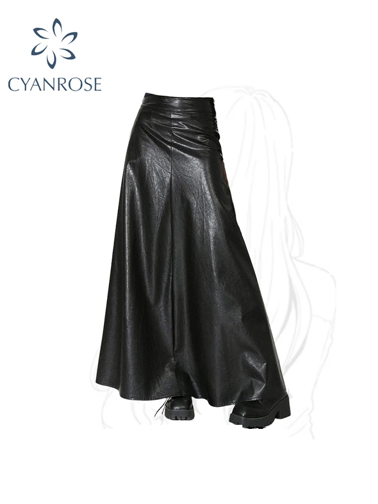 Women Black Gothic A-line Leather Skirt Vintage Y2k Long Skirt Aesthetic Harajuku Korean Elegant Emo Skirts 2000s Trashy Clothes