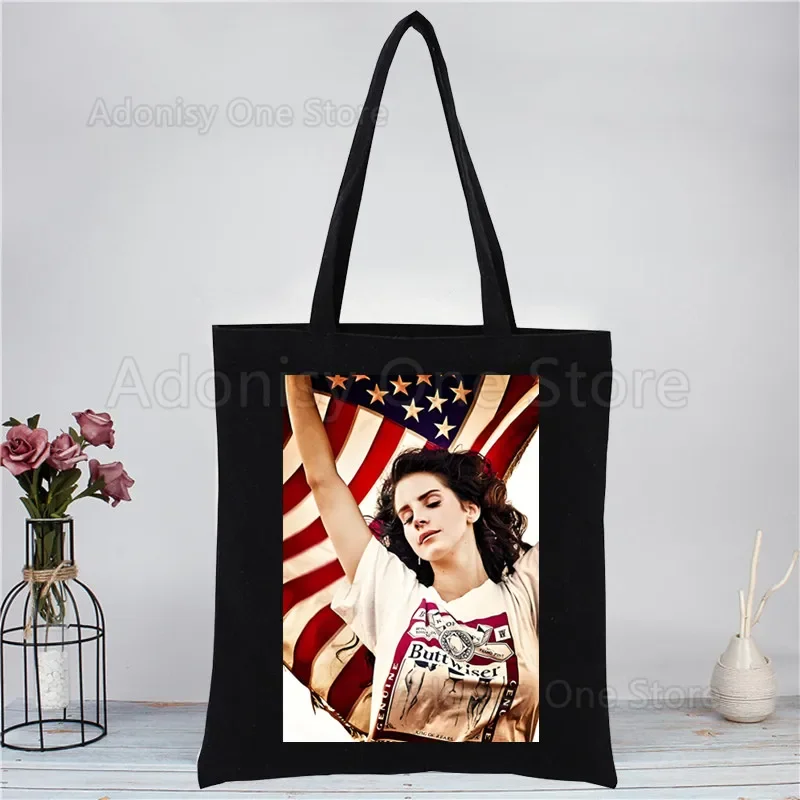 حقائب يد Lana Del Rey سوداء للجنسين حقيبة تسوق قماشية مخصصة مطبوعة للاستخدام اليومي حقيبة تسوق كاجوال للسفر قابلة لإعادة الاستخدام