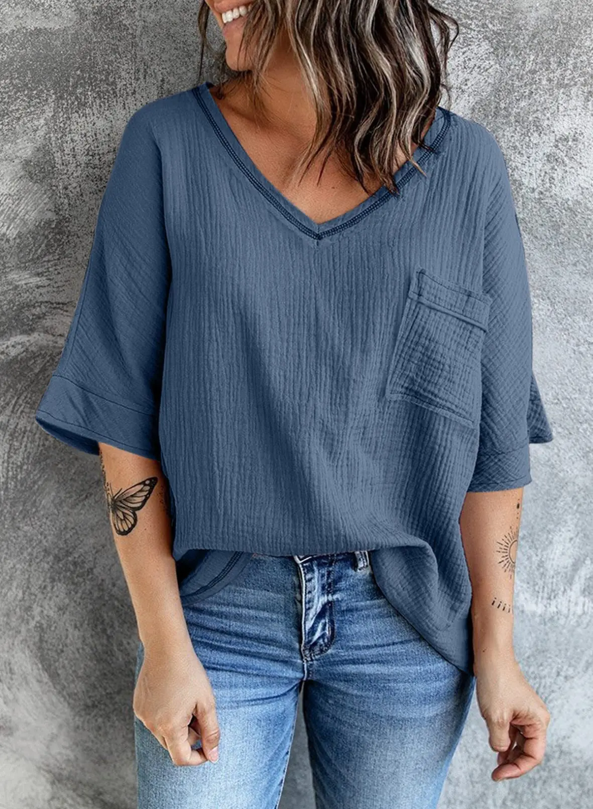 T Shirt Women spring/summer 2022 V-neck Pocket Half Sleeve Patchwork Solid Color Tshirt Clothing women's Dropshipping BYT2207